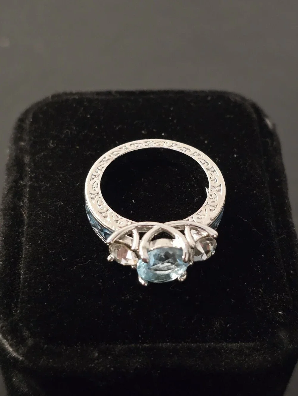 Aquamarine Three Stone Engagement Ring Vintage Filigree Enamel Band Size 7 CZ